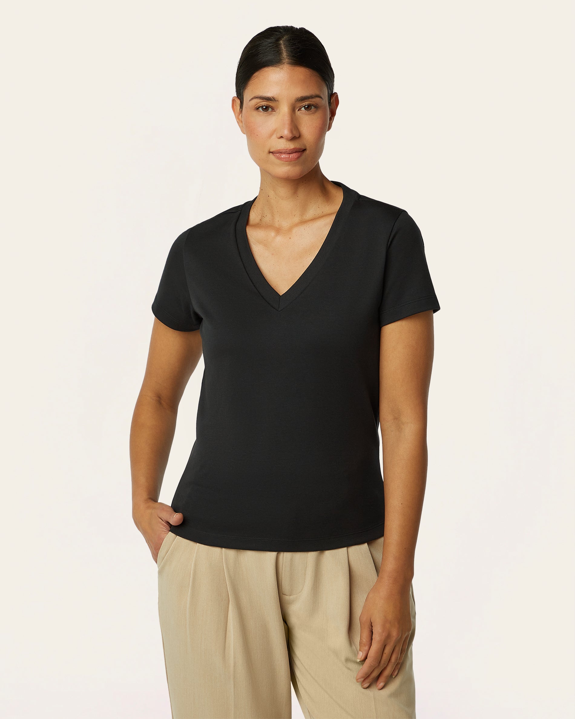 Kashiko V-Neck T-shirt Black シズニルック Interlock V-neck Slim T-shirt - Black