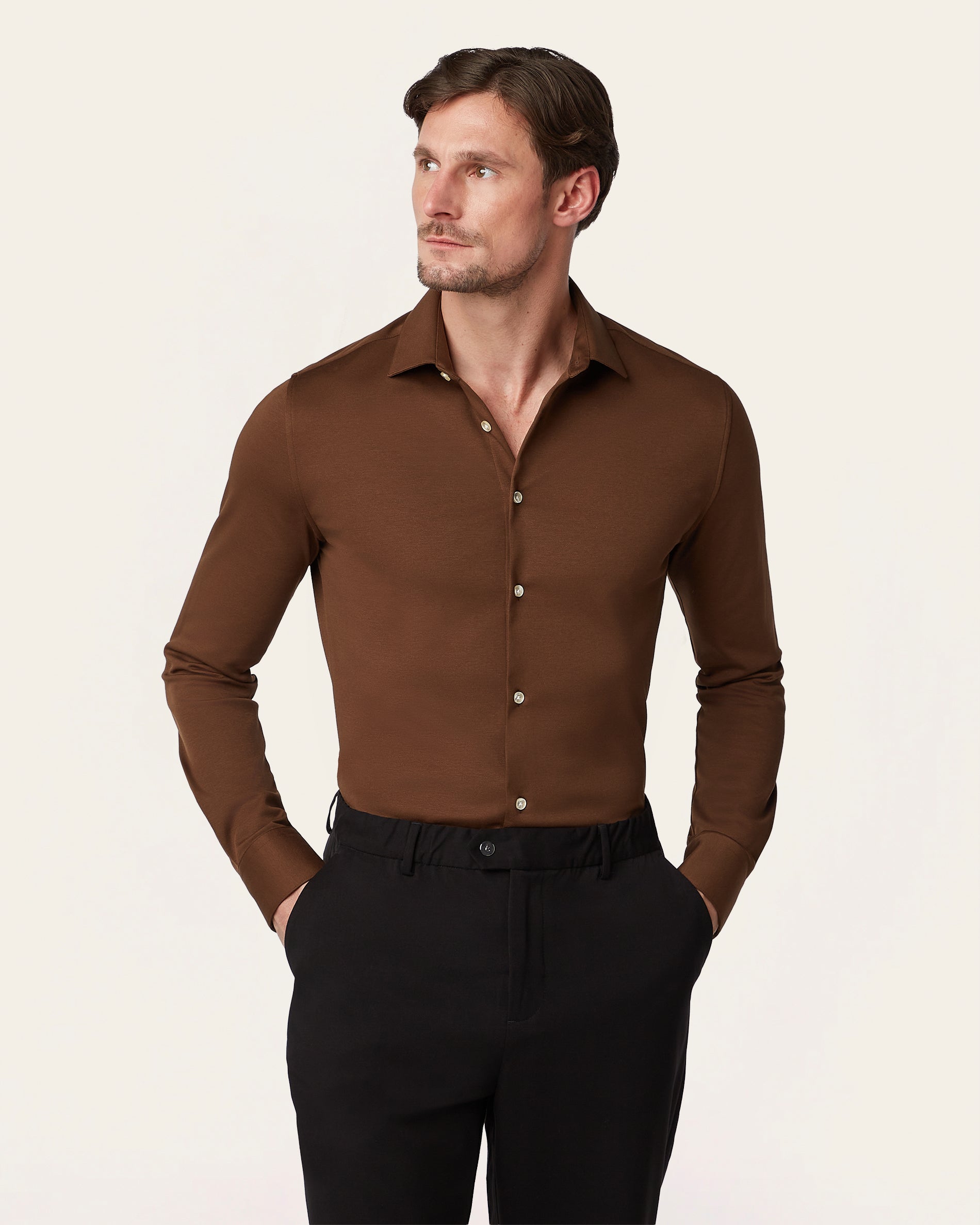 Brown Knitted Non-Iron Stretch Shirt