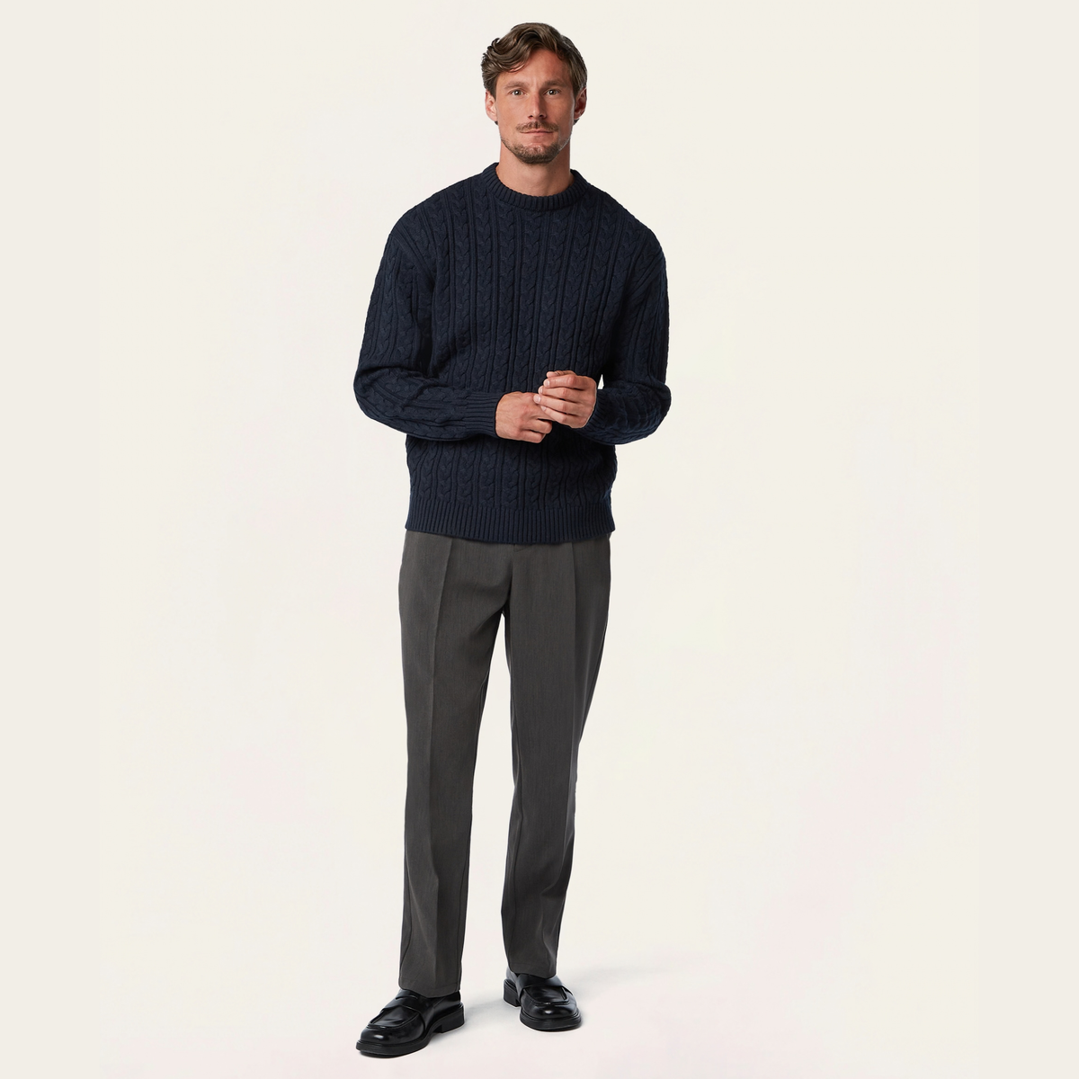 Heavy Seawool Cable Crewneck Navy